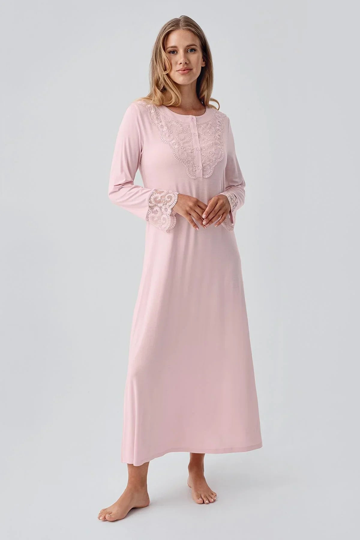 Lace Detailed Plus Size Maternity & Nursing Nightgown Powder - 18105