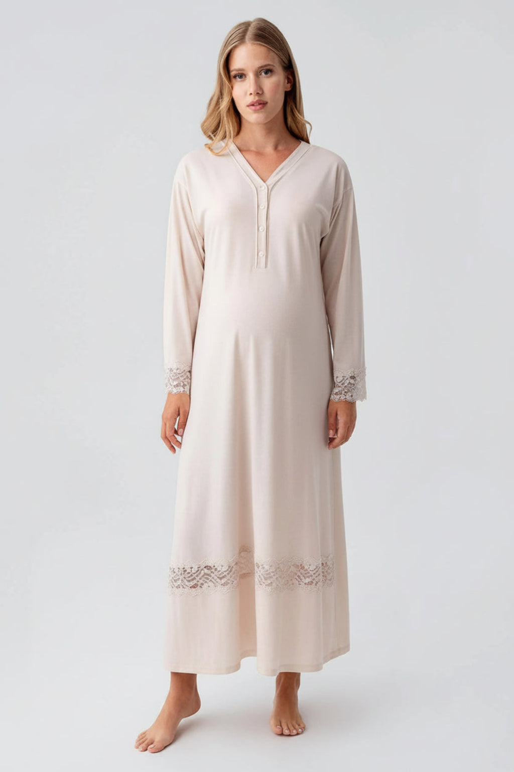 Lace Sleeve and Skirt Maternity & Nursing Nightgown Beige - 18106