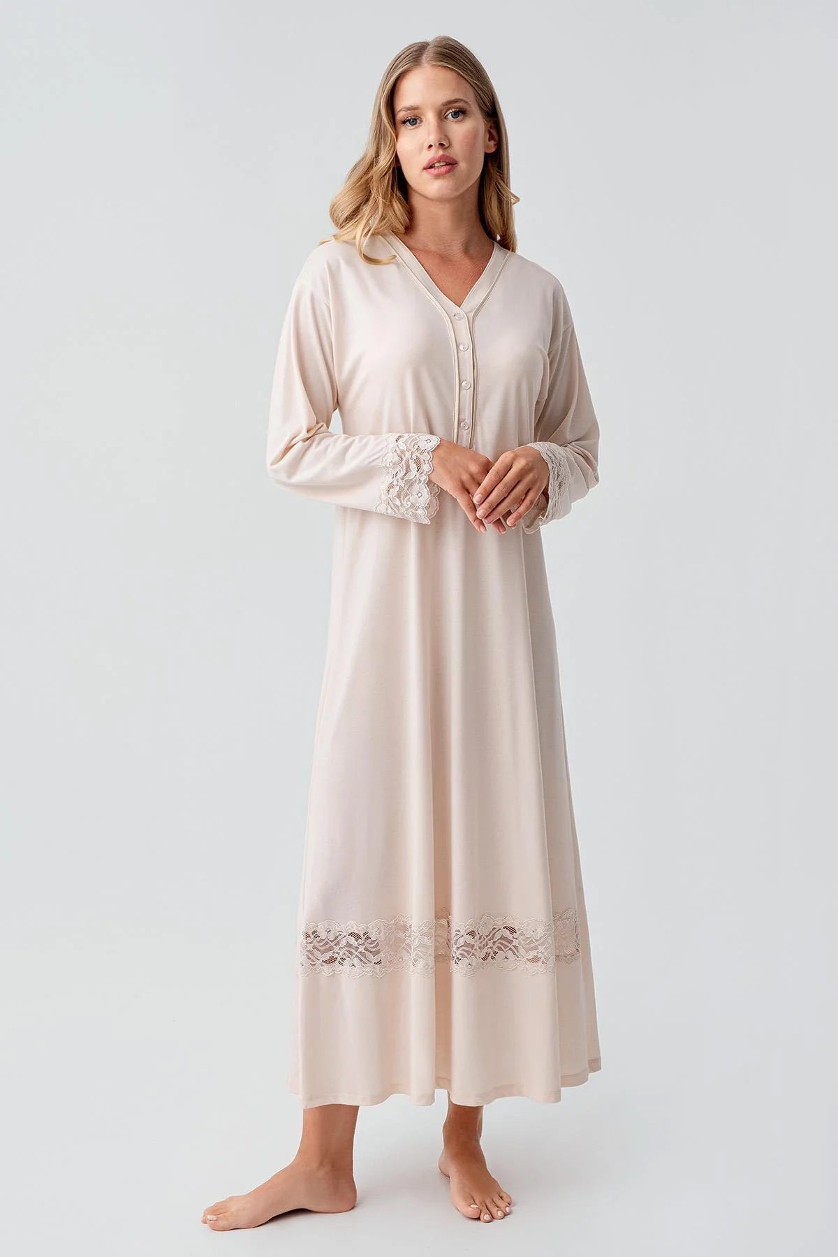 Lace Sleeve and Skirt Maternity & Nursing Nightgown Beige - 18106