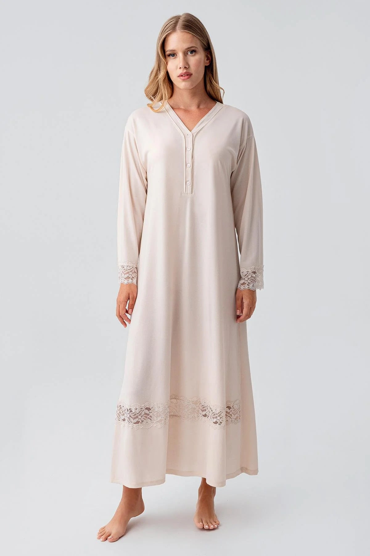 Lace Sleeve and Skirt Maternity & Nursing Nightgown Beige - 18106