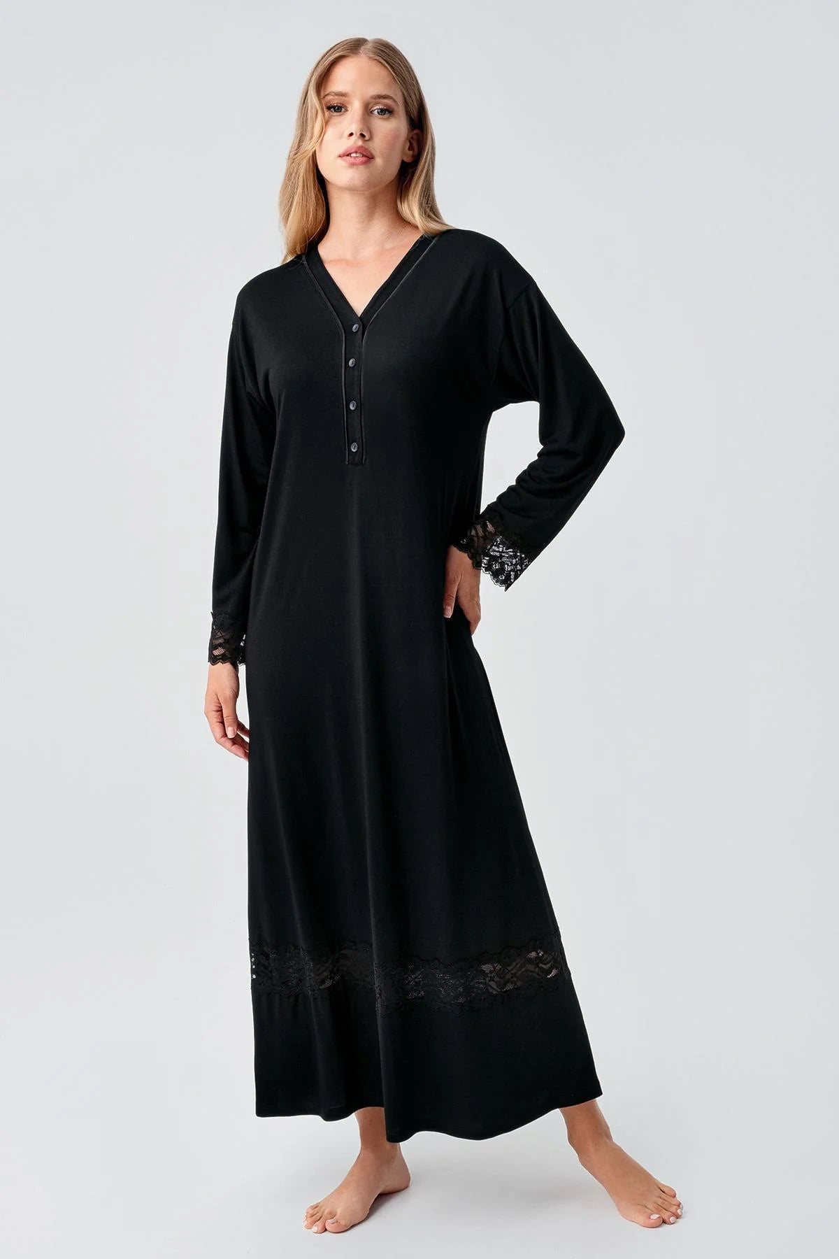 Lace Sleeve and Skirt Maternity & Nursing Nightgown Black - 18106