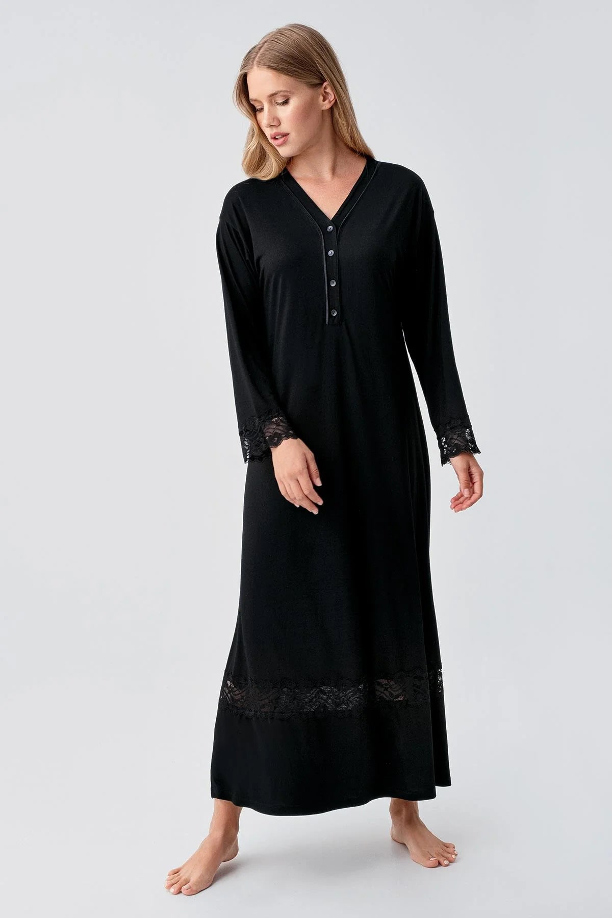 Lace Sleeve and Skirt Maternity & Nursing Nightgown Black - 18106