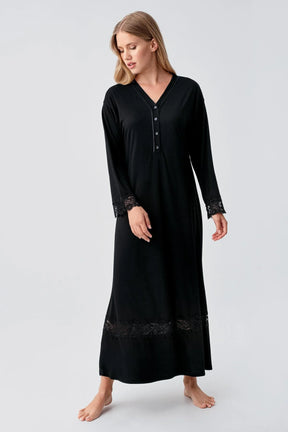 Lace Sleeve and Skirt Maternity & Nursing Nightgown Black - 18106