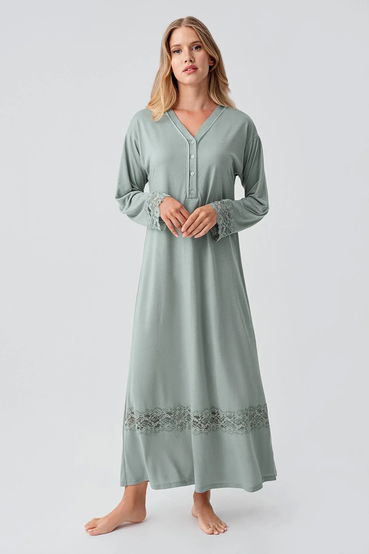 Lace Sleeve and Skirt Maternity & Nursing Nightgown Green - 18106