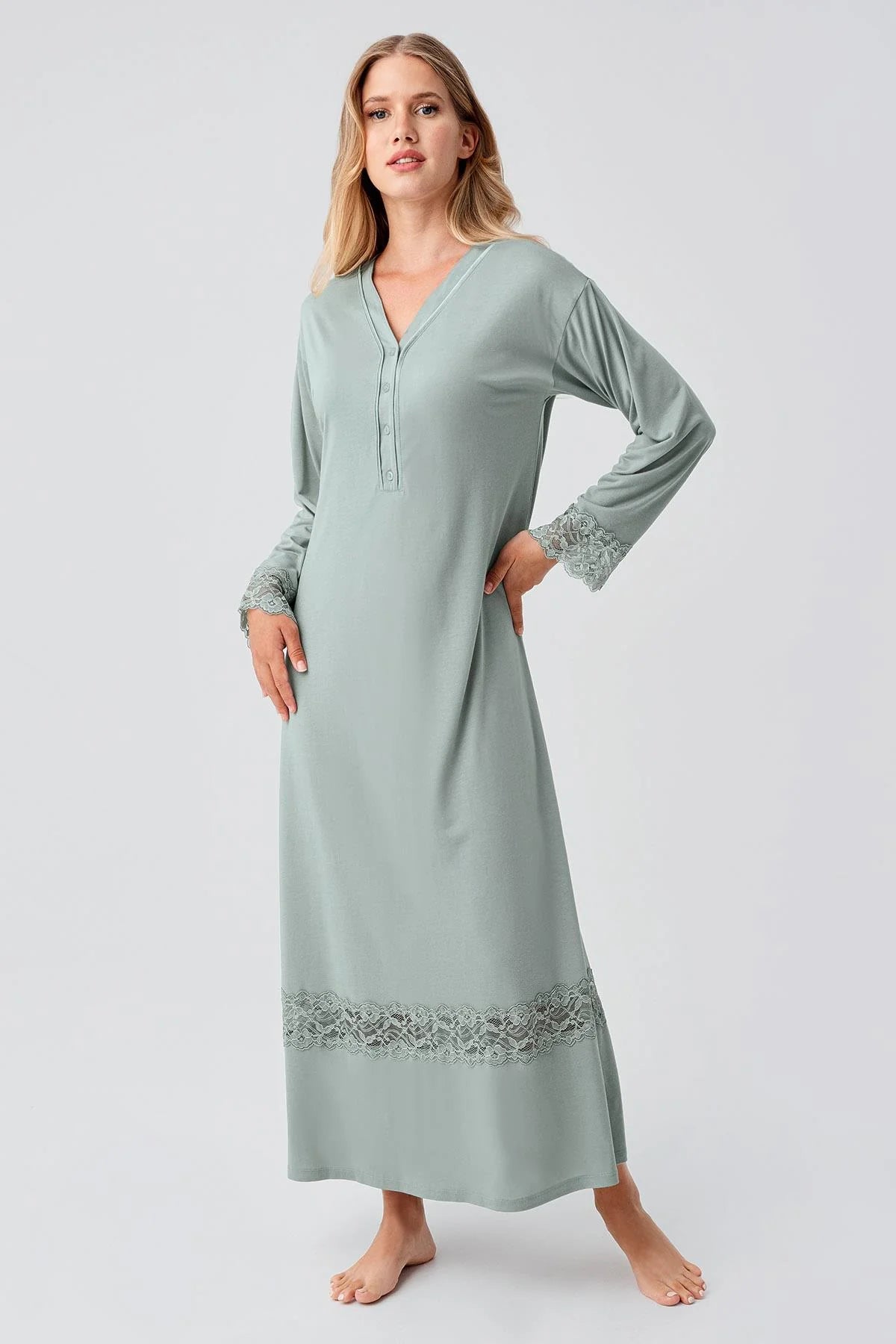 Lace Sleeve and Skirt Maternity & Nursing Nightgown Green - 18106