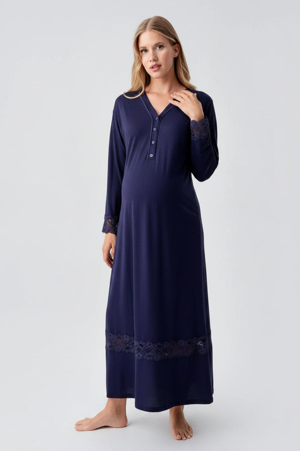 Lace Sleeve and Skirt Maternity & Nursing Nightgown Navy Blue - 18106