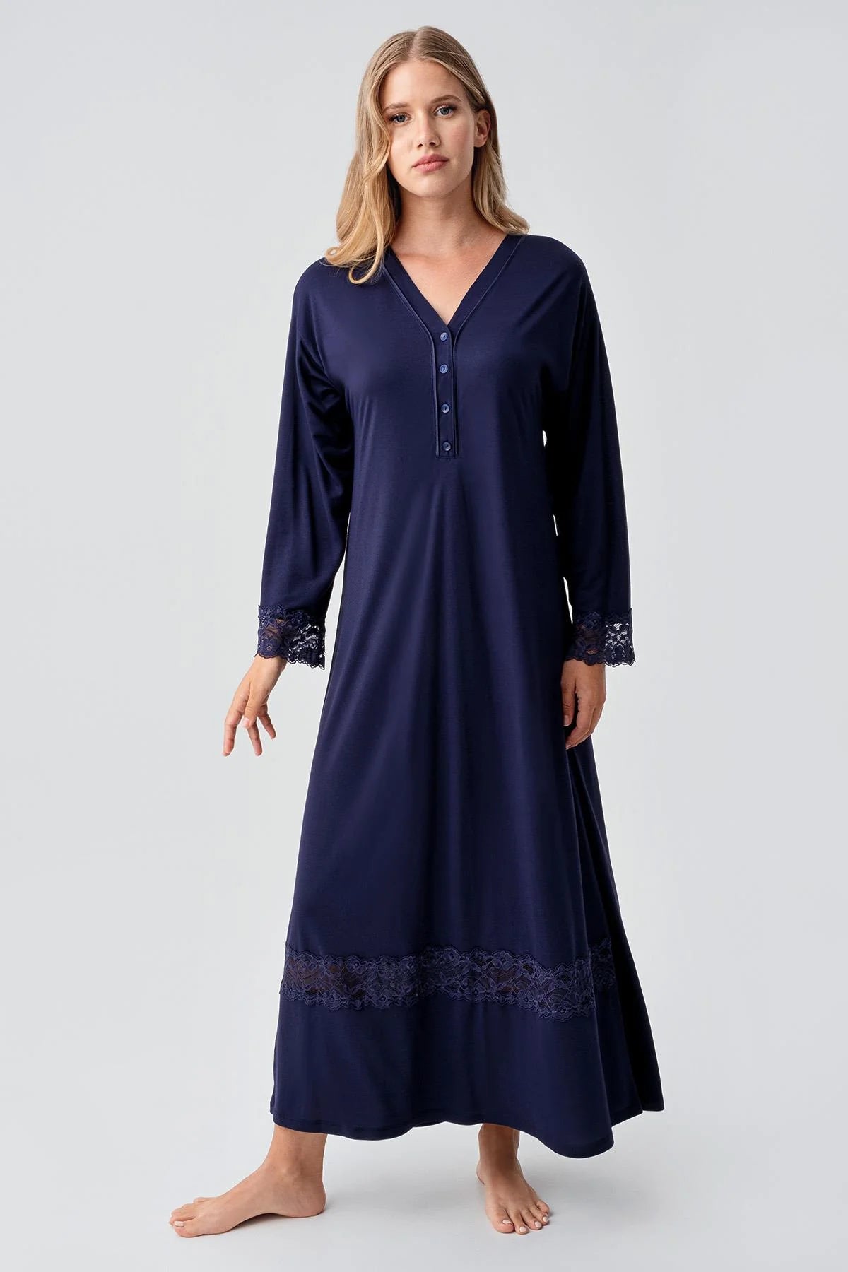 Lace Sleeve and Skirt Maternity & Nursing Nightgown Navy Blue - 18106