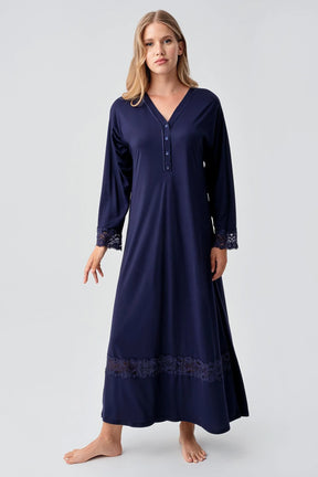 Lace Sleeve and Skirt Maternity & Nursing Nightgown Navy Blue - 18106