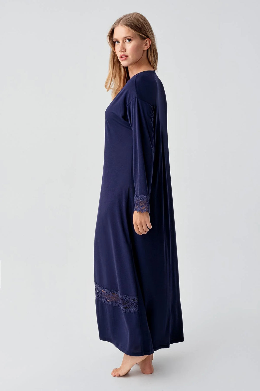 Lace Sleeve and Skirt Maternity & Nursing Nightgown Navy Blue - 18106
