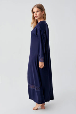 Lace Sleeve and Skirt Maternity & Nursing Nightgown Navy Blue - 18106