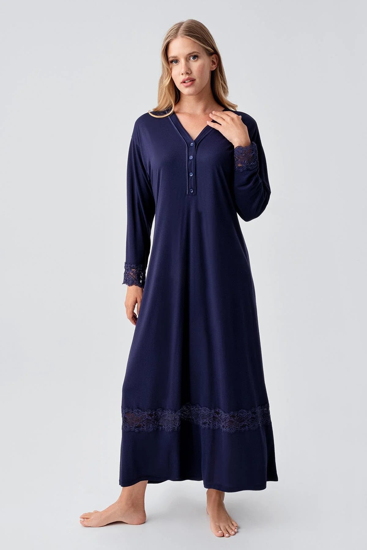 Lace Sleeve and Skirt Maternity & Nursing Nightgown Navy Blue - 18106