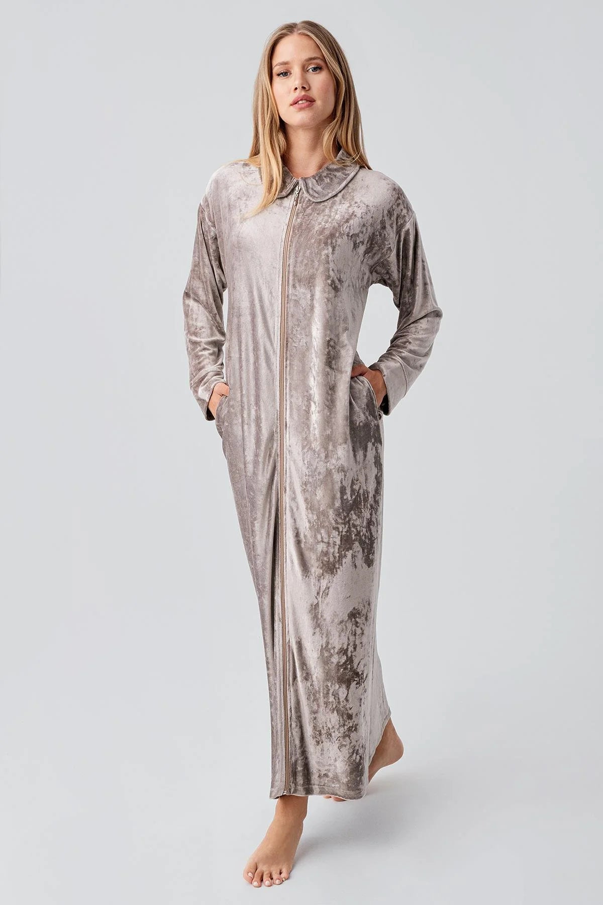 Velvet Zippered Maternity & Nursing Nightgown Beige - 18108