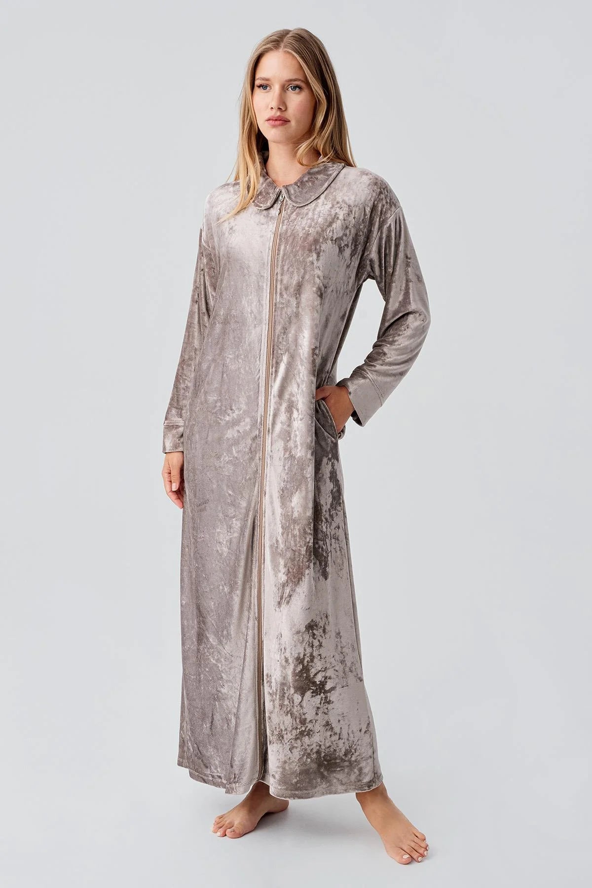 Velvet Zippered Maternity & Nursing Nightgown Beige - 18108