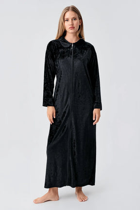 Velvet Zippered Maternity & Nursing Nightgown Black - 18108