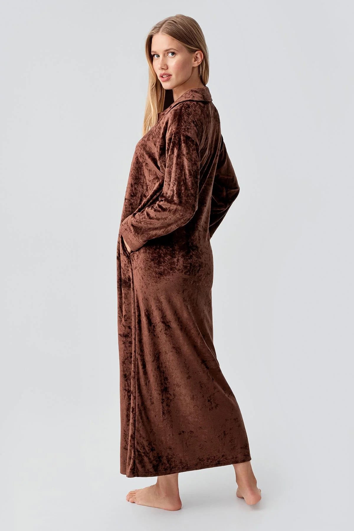 Velvet Zippered Maternity & Nursing Nightgown Coffee - 18108