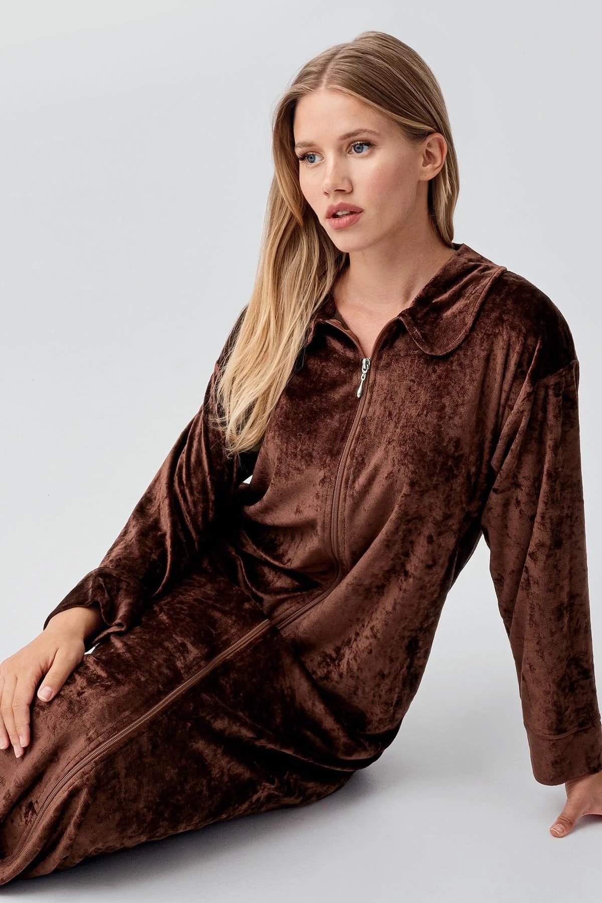 Velvet Zippered Maternity & Nursing Nightgown Coffee - 18108