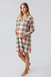 Plaid Patterned Thermal Maternity & Nursing Nightgown Patterned - 18109