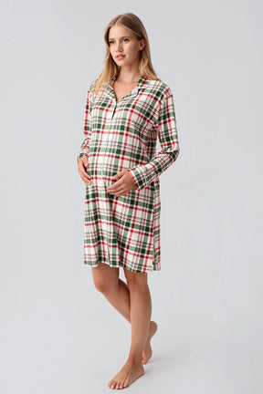 Plaid Patterned Thermal Maternity & Nursing Nightgown Patterned - 18109