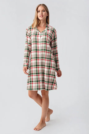 Plaid Patterned Thermal Maternity & Nursing Nightgown Patterned - 18109