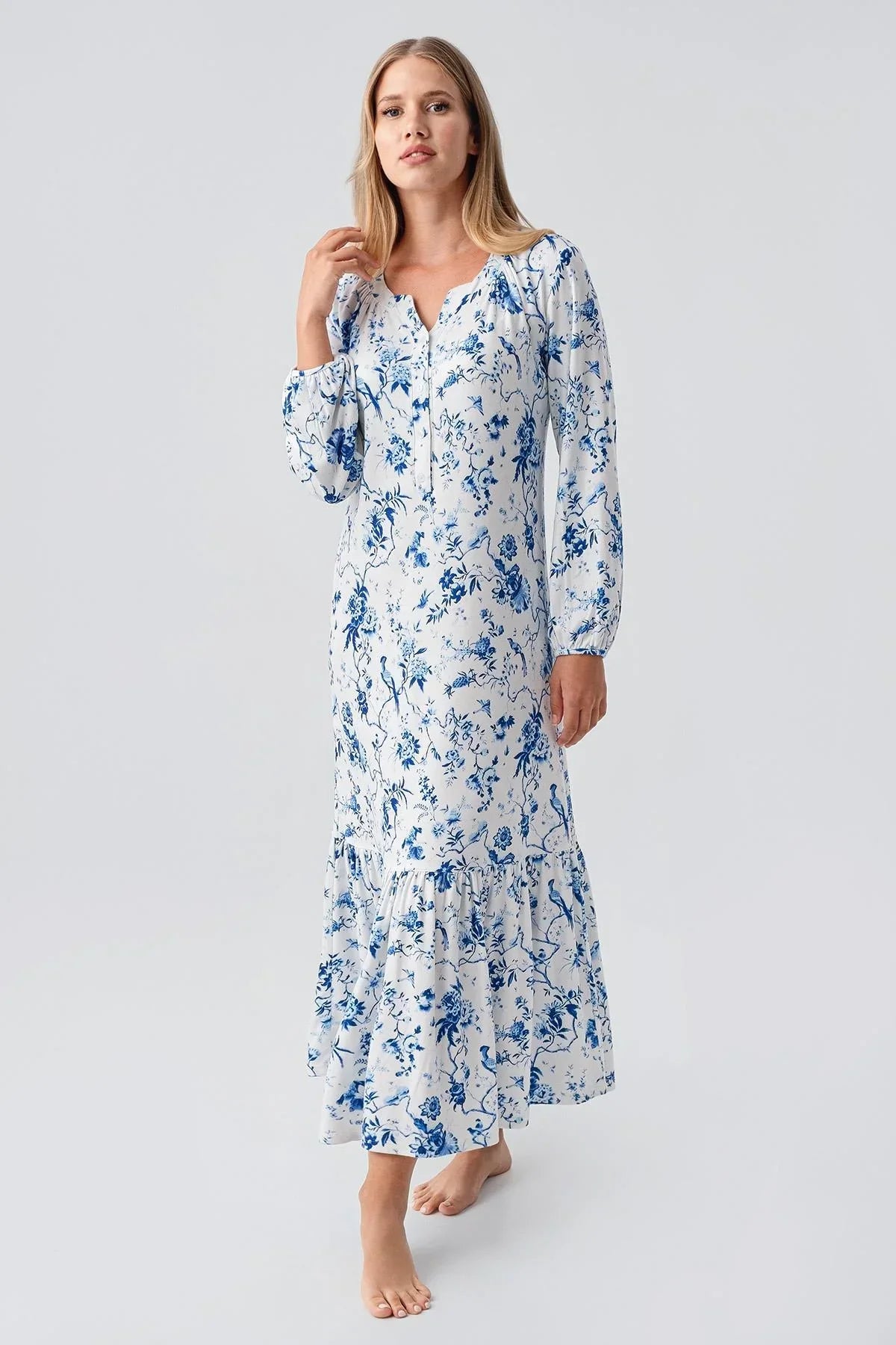 Patterned Thermal Maternity & Nursing Nightgown Blue - 18110