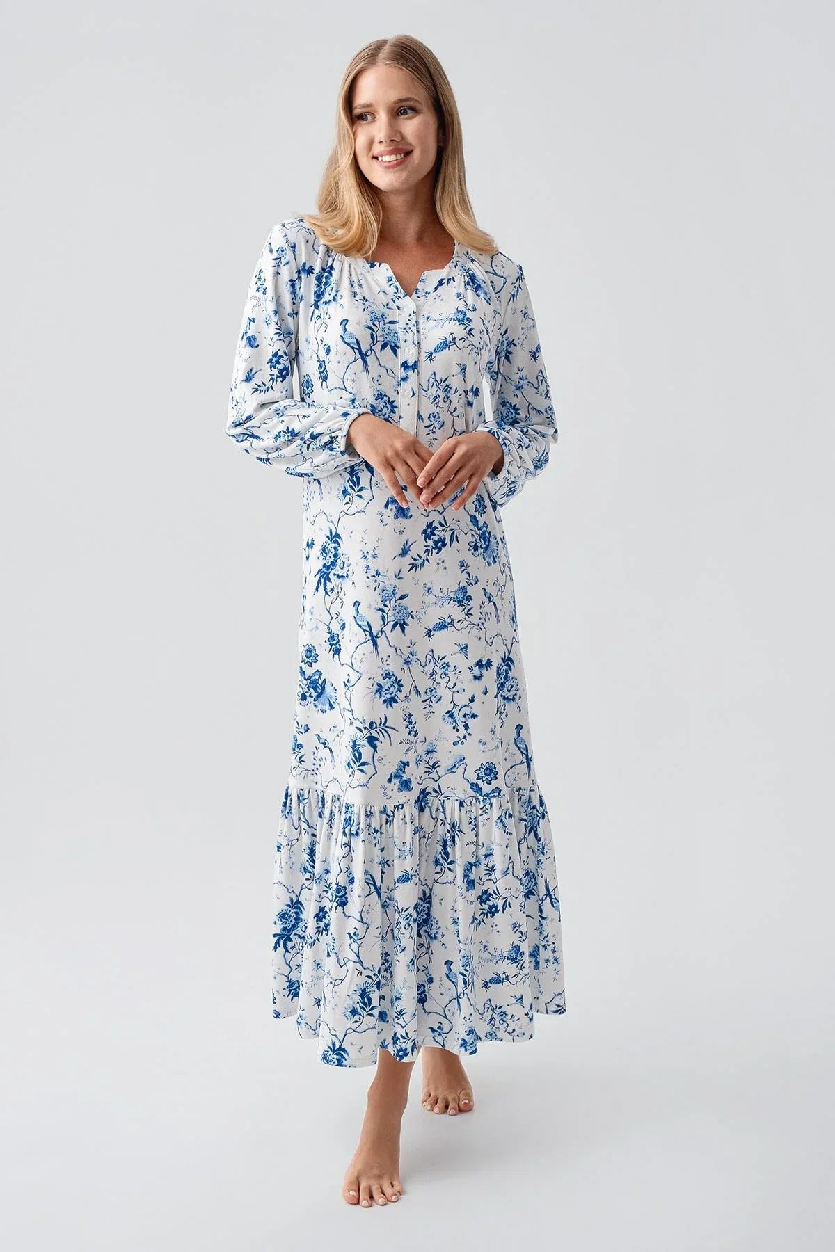 Patterned Thermal Maternity & Nursing Nightgown Blue - 18110