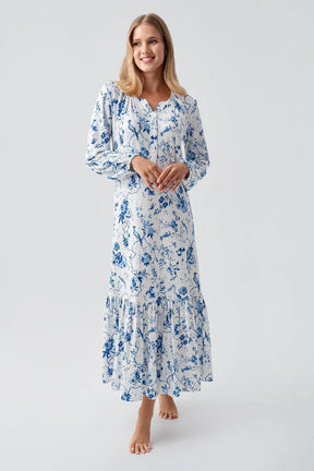 Patterned Thermal Maternity & Nursing Nightgown Blue - 18110