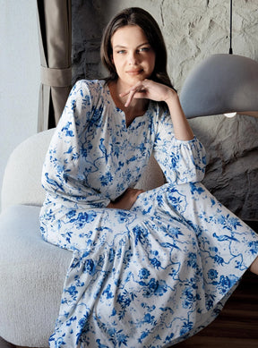Patterned Thermal Maternity & Nursing Nightgown Blue - 18110