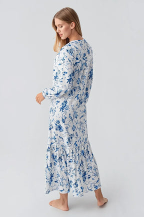 Patterned Thermal Maternity & Nursing Nightgown Blue - 18110