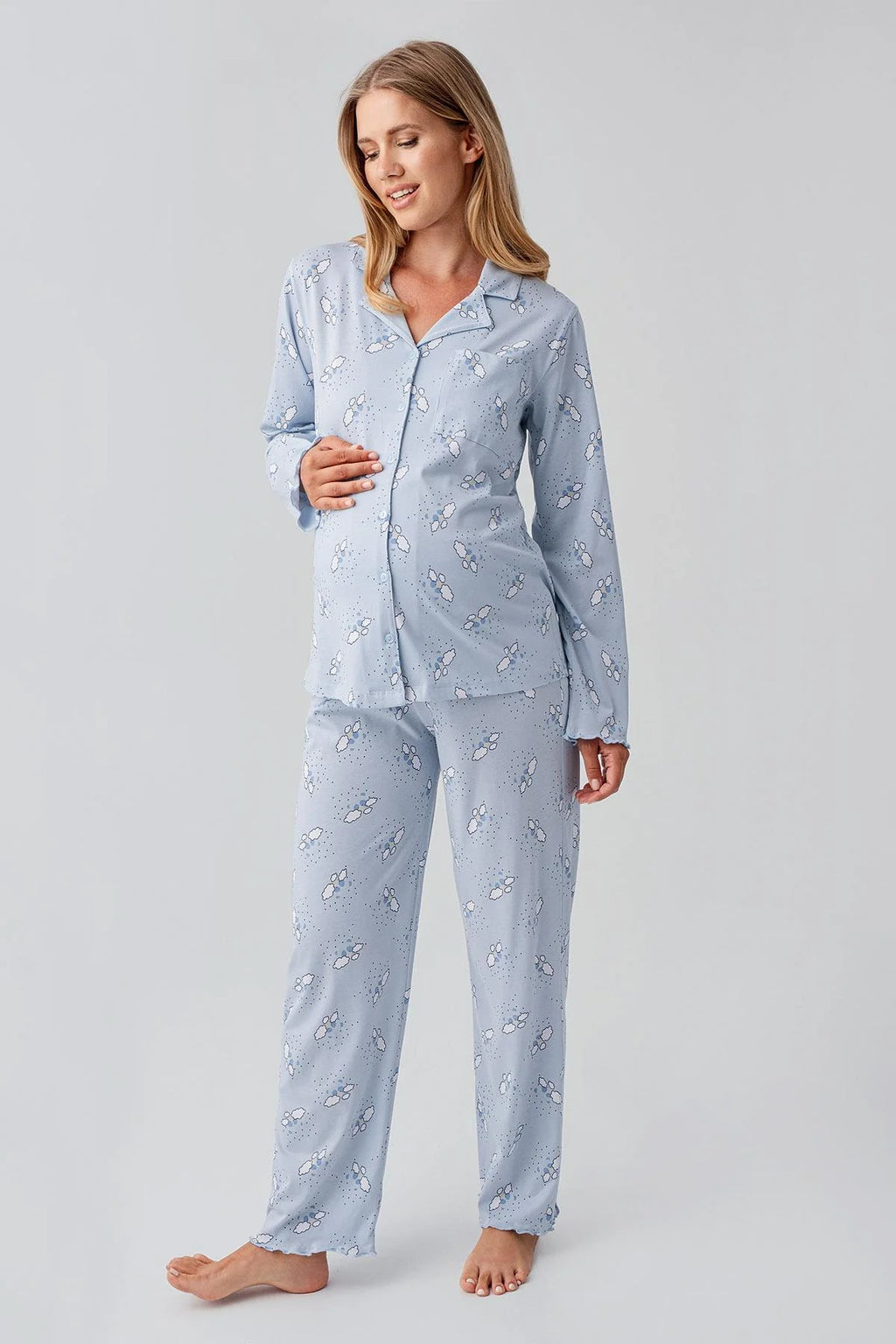 Patterned Pleated Cotton 4-Piece Maternity-Nursing Set Blue - 184020