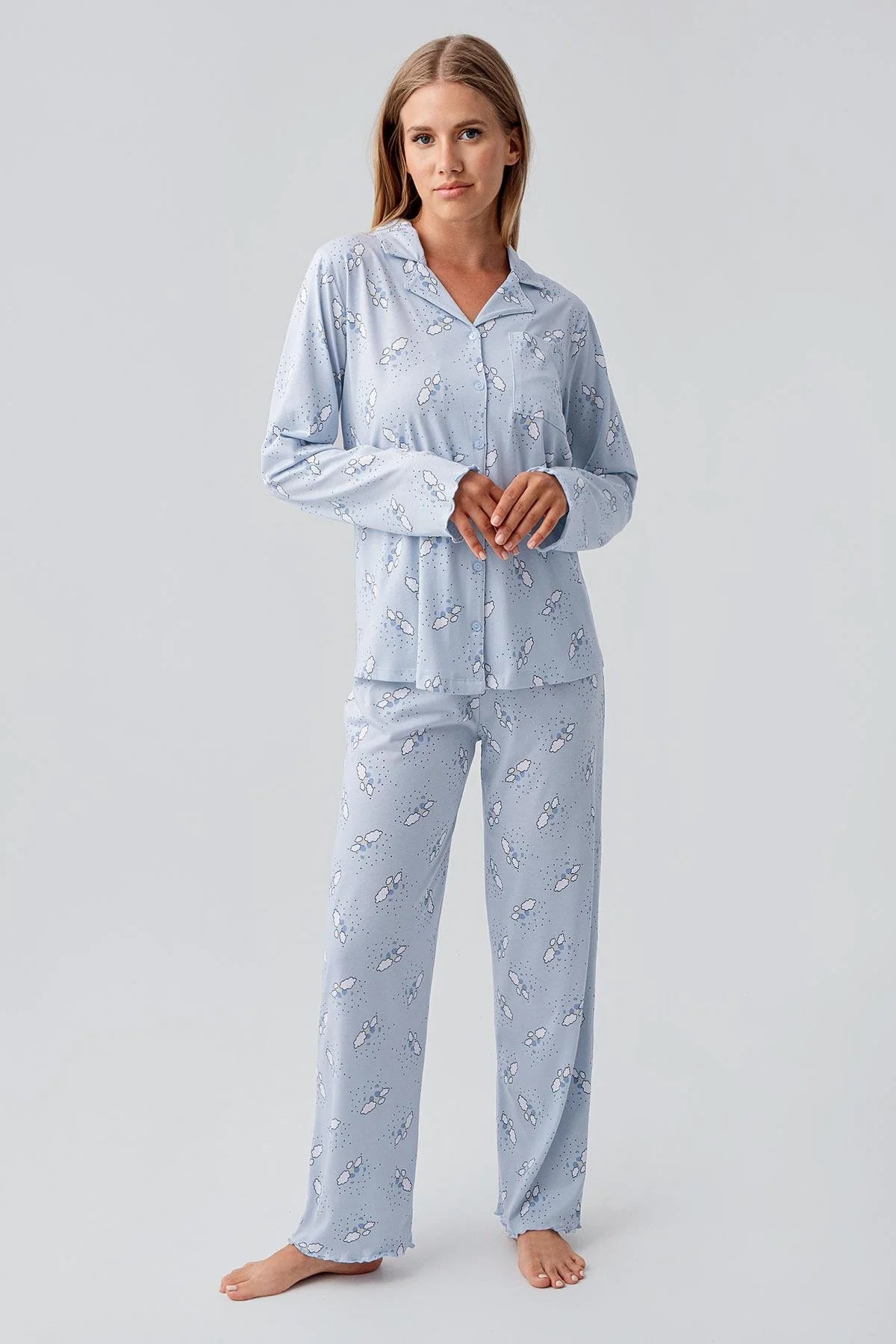 Patterned Cotton Maternity & Nursing Pajama Set Blue - 18200