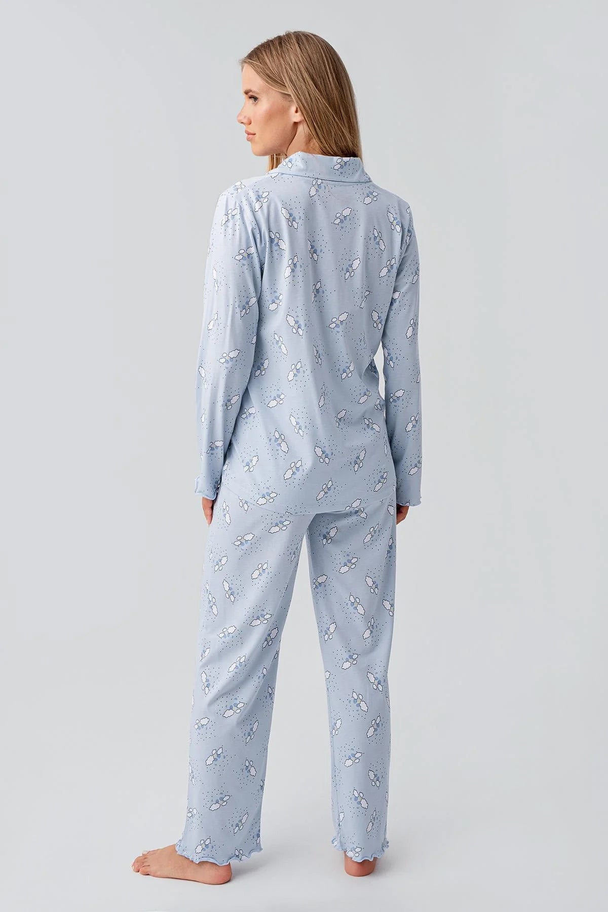 Patterned Pleated Cotton 4-Piece Maternity-Nursing Set Blue - 184020