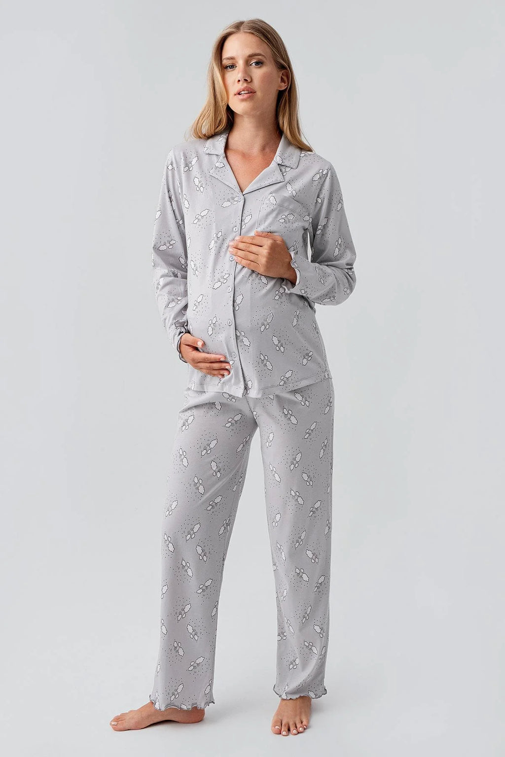 Patterned Pleated Cotton 4-Piece Maternity-Nursing Set Grey - 184020