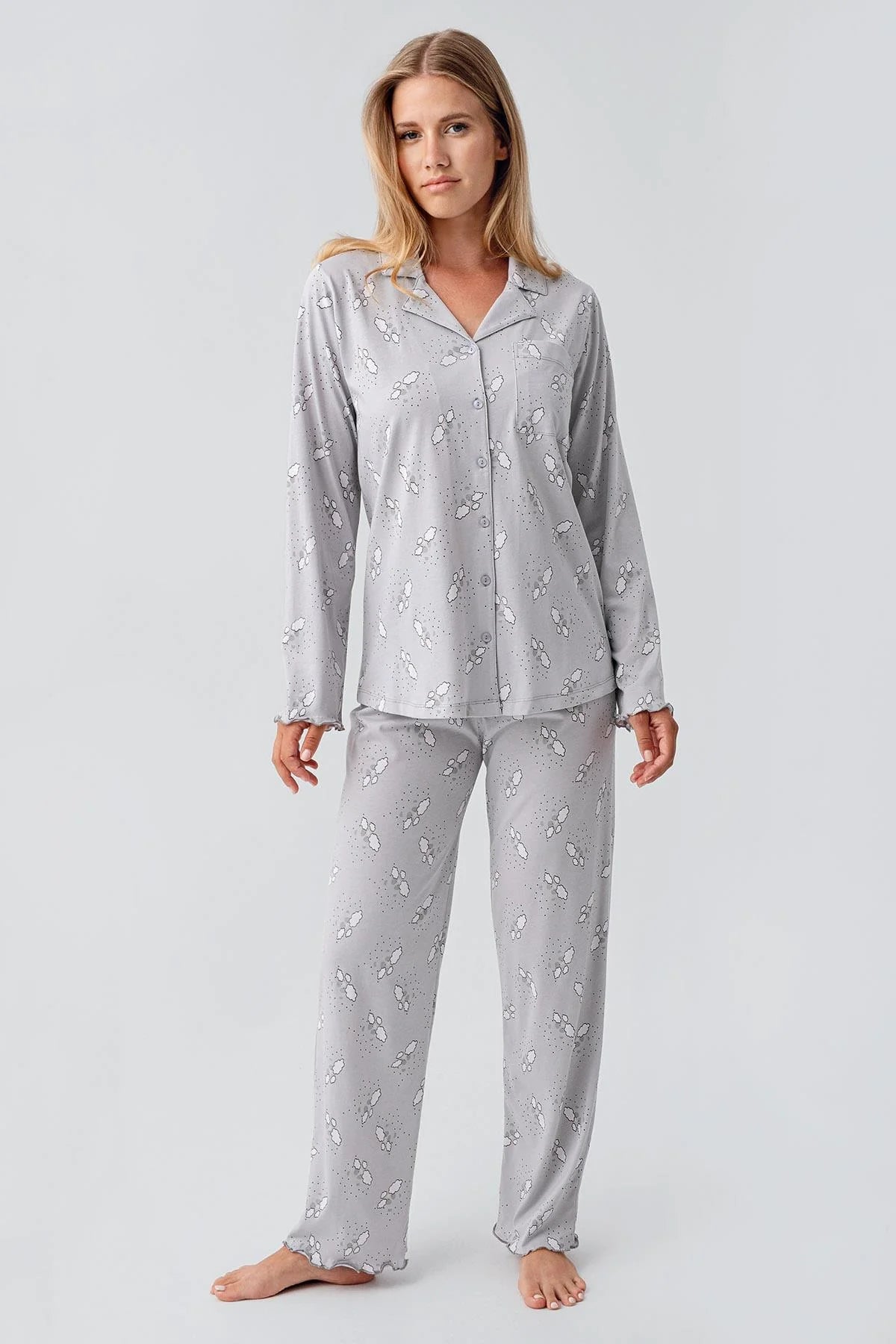 Patterned Cotton Maternity & Nursing Pajama Set Grey - 18200