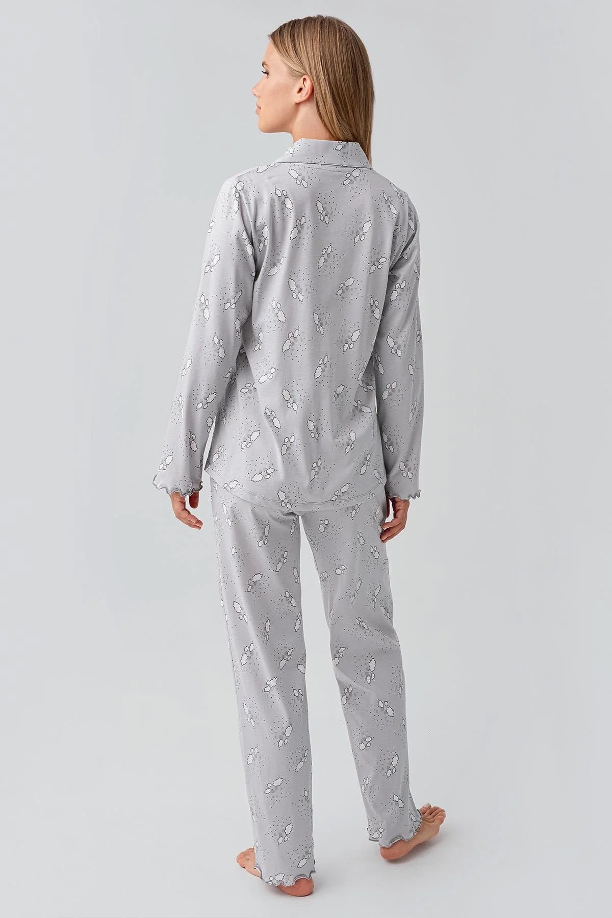 Patterned Cotton Maternity & Nursing Pajama Set Grey - 18200