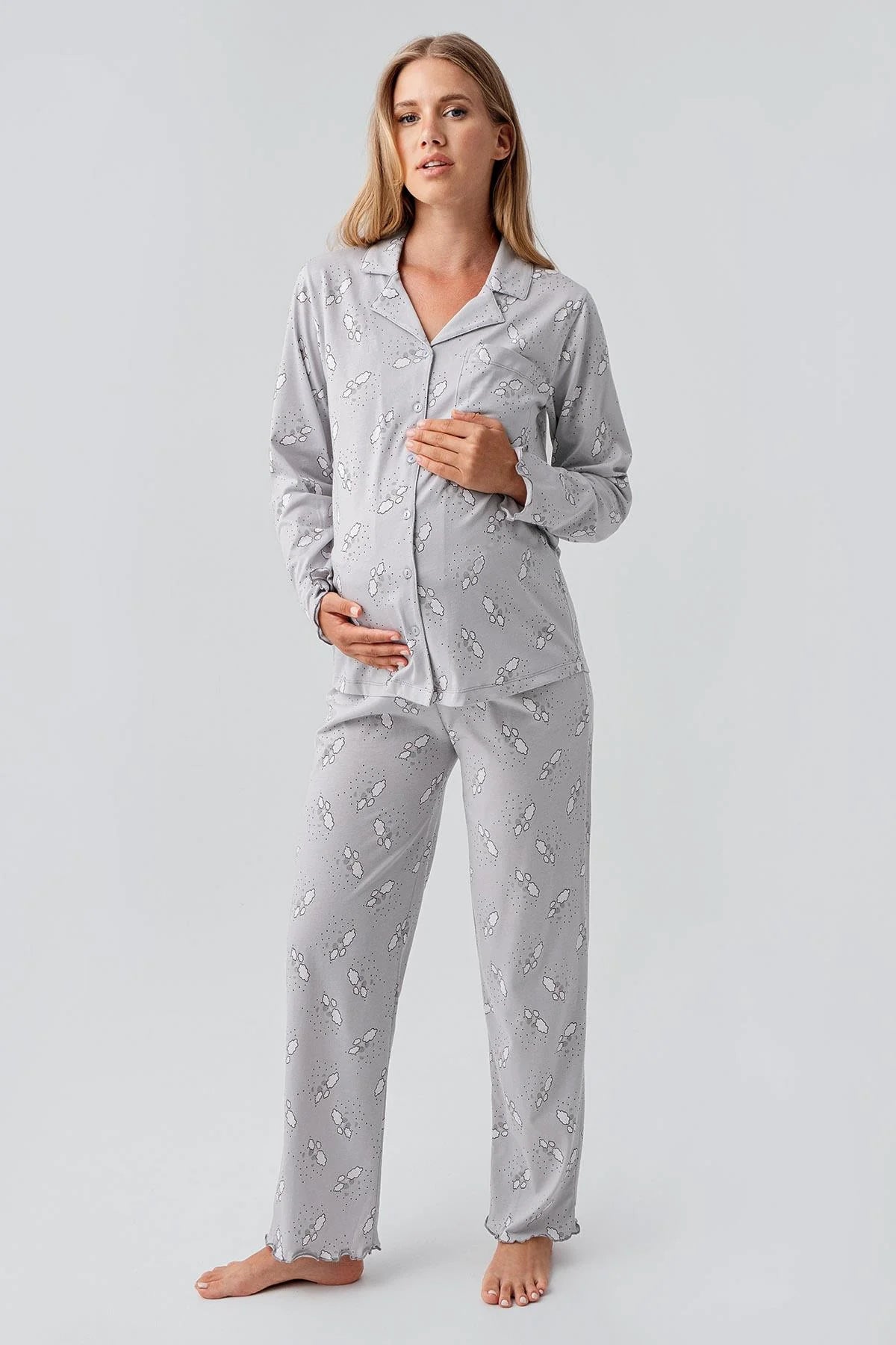 Patterned Cotton Maternity & Nursing Pajama Set Grey - 18200