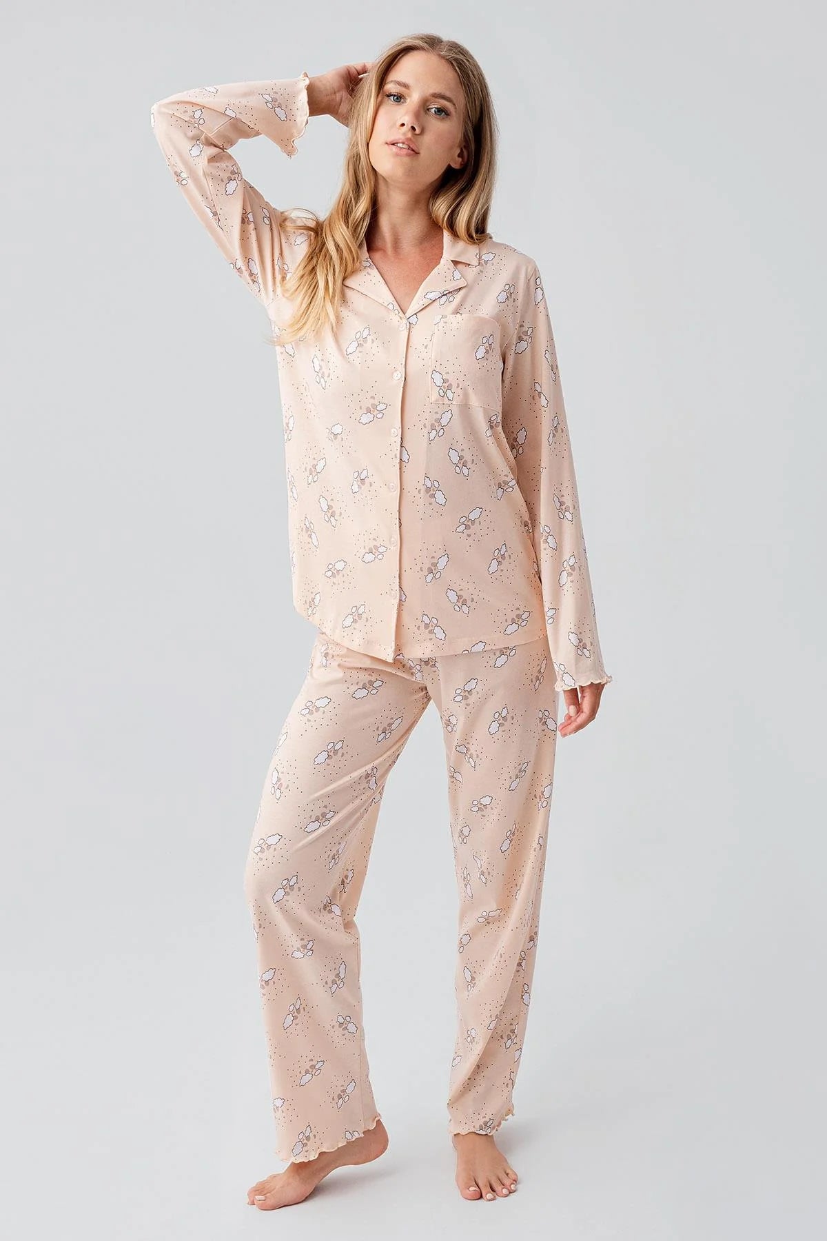 Patterned Cotton Maternity & Nursing Pajama Set Salmon - 18200