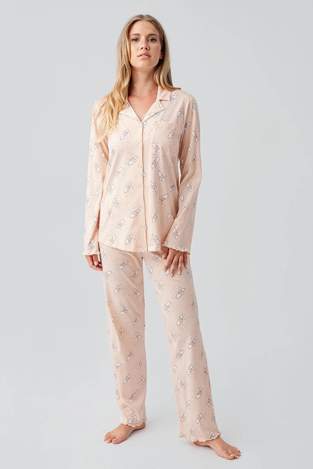 Patterned Cotton Maternity & Nursing Pajama Set Salmon - 18200