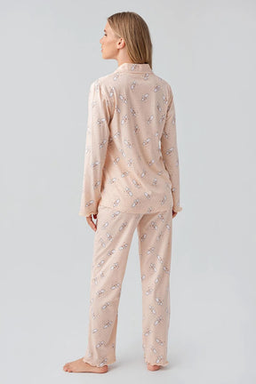 Patterned Pleated Cotton 4-Piece Maternity-Nursing Set Salmon - 184020