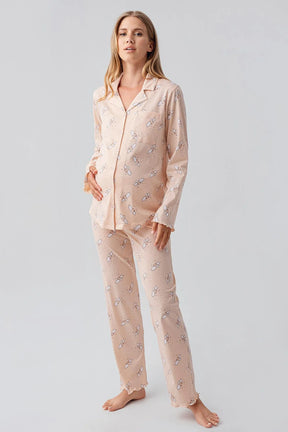 Patterned Pleated Cotton 4-Piece Maternity-Nursing Set Salmon - 184020