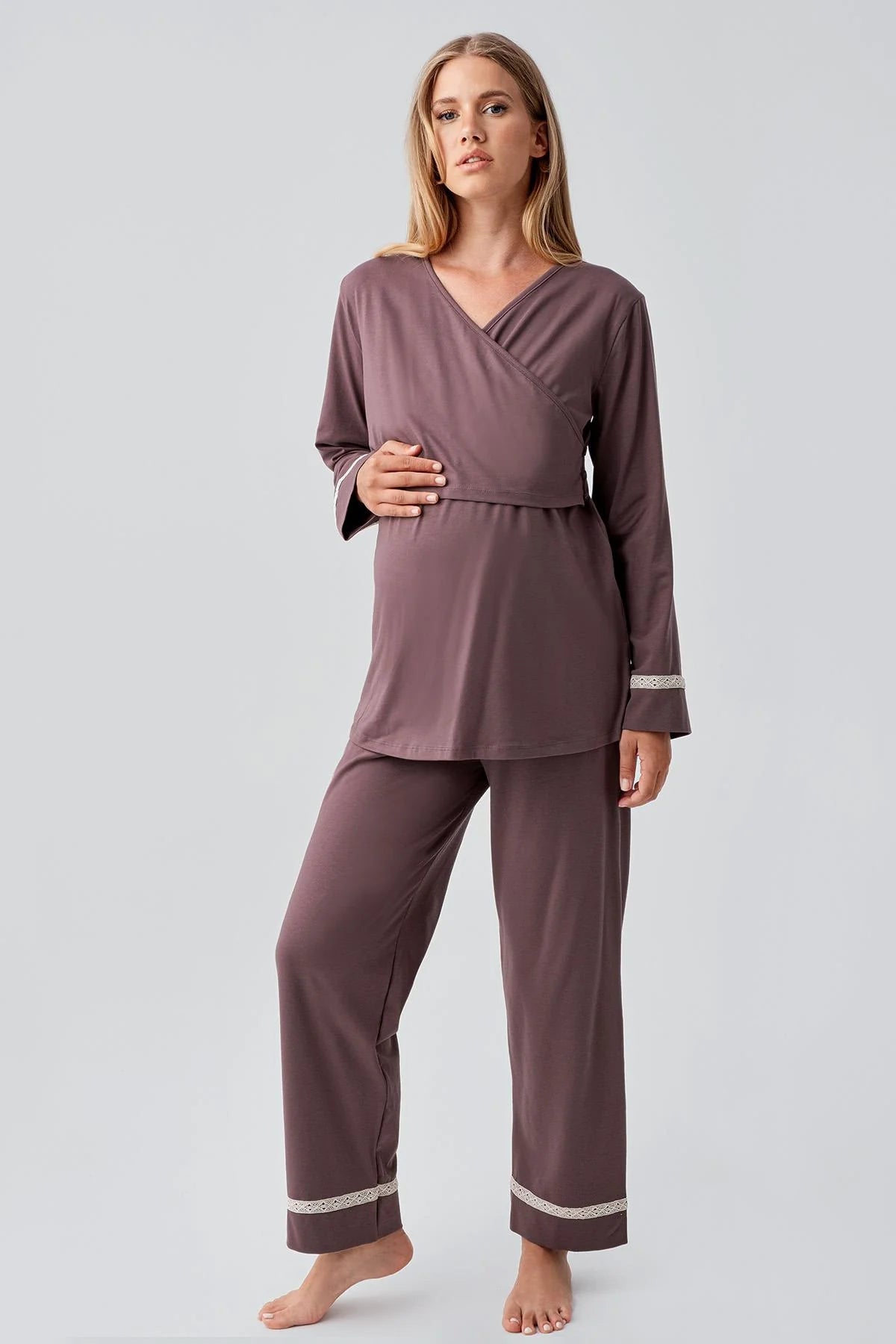 Side Tie Nursing Feature Cotton Maternity & Nursing Pajama Set Coffee - 18201