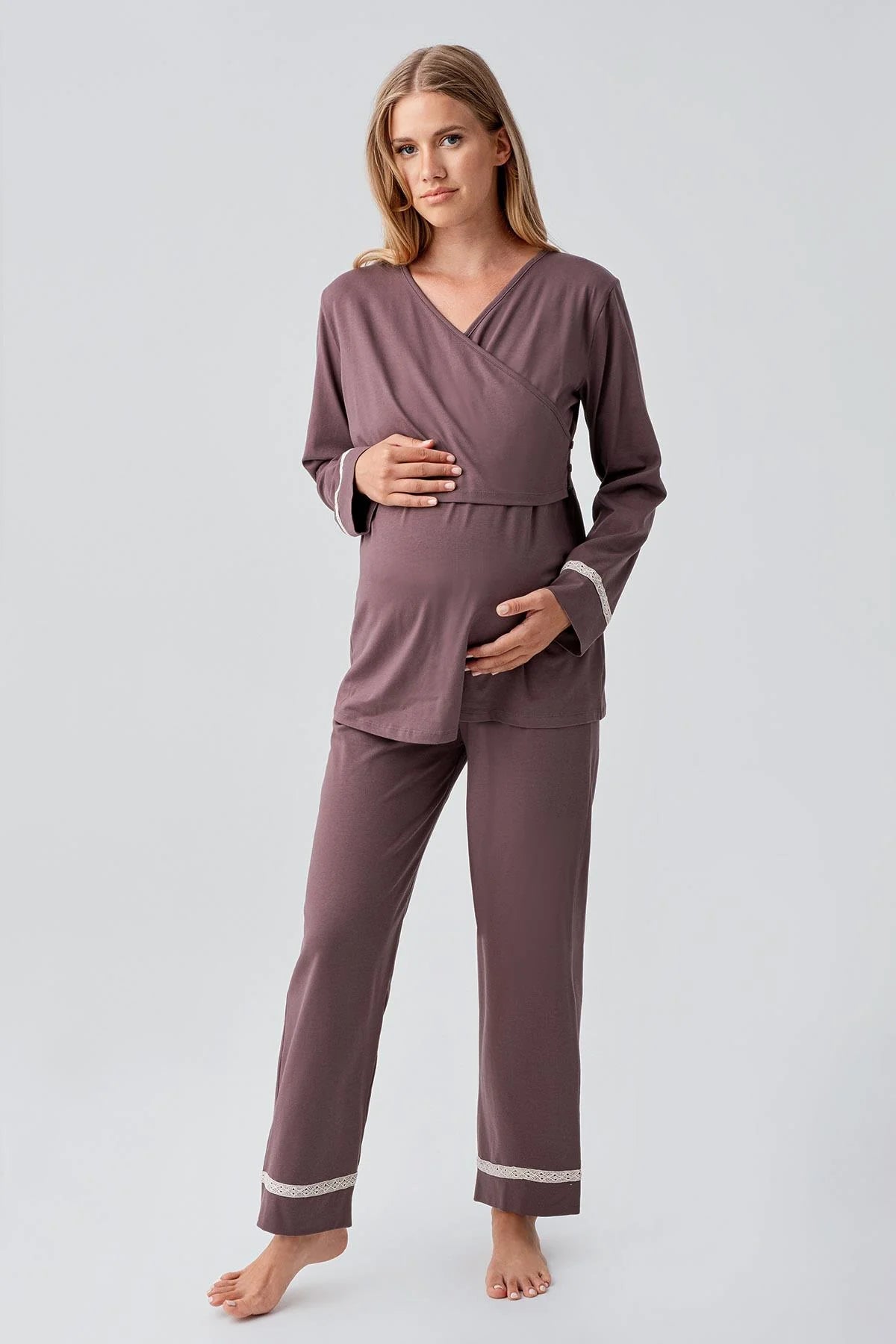 Side Tie Nursing Feature Cotton Maternity & Nursing Pajama Set Coffee - 18201