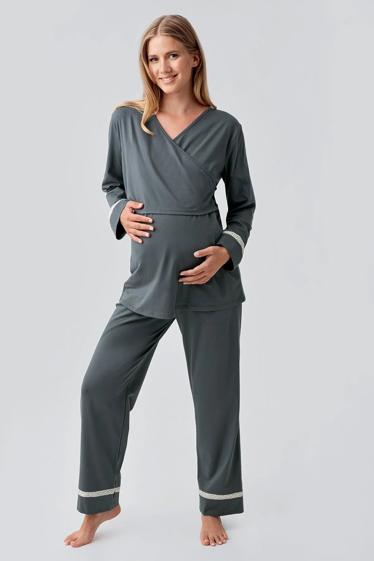 Side Tie Nursing Feature Cotton Maternity & Nursing Pajama Set Green - 18201