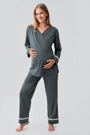 Side Tie Nursing Feature Cotton Maternity & Nursing Pajama Set Green - 18201