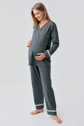Side Tie Nursing Feature Cotton Maternity & Nursing Pajama Set Green - 18201