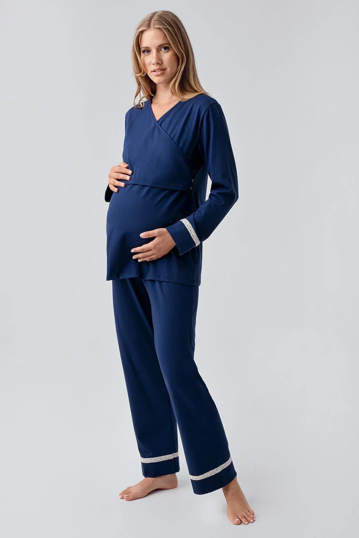 Side Tie Nursing Feature Cotton 3-Piece Maternity-Nursing Pajama & Patterned Robe Set Navy Blue - 18301
