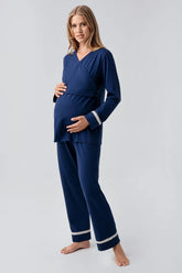 Side Tie Nursing Feature Cotton Maternity & Nursing Pajama Set Navy Blue - 18201
