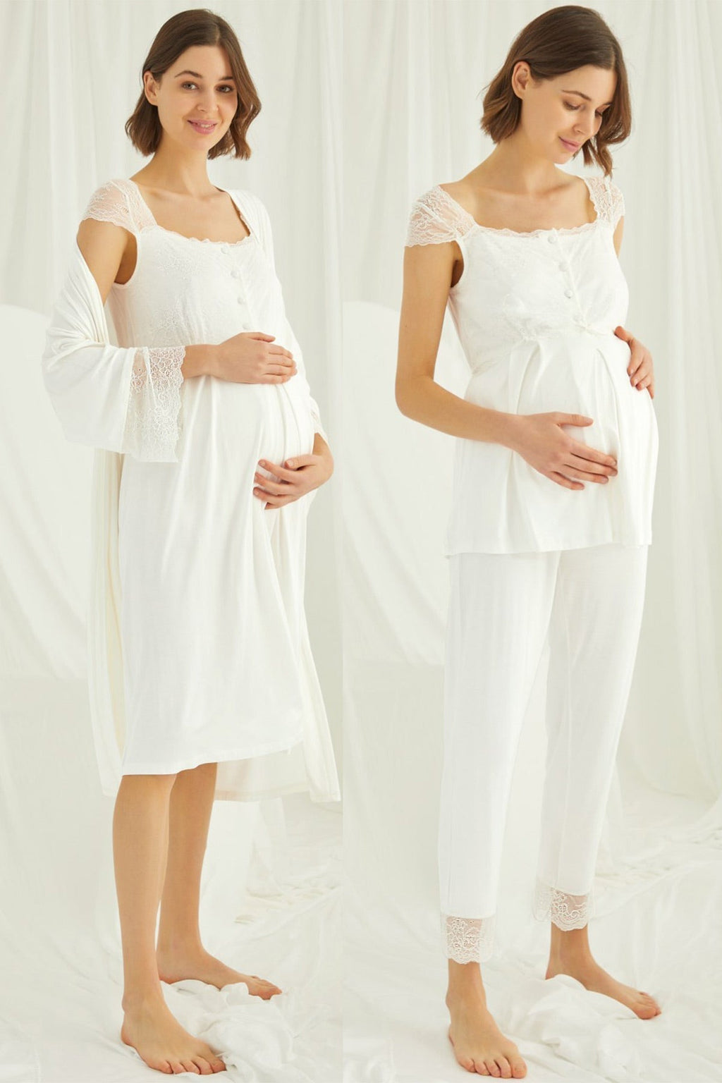Lace Shoulder 4-Piece Maternity-Nursing Set Ecru - 202303