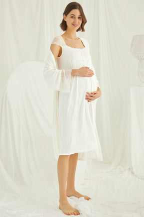 Lace Shoulder Maternity-Nursing Nightgown & Robe Set Ecru - 18202