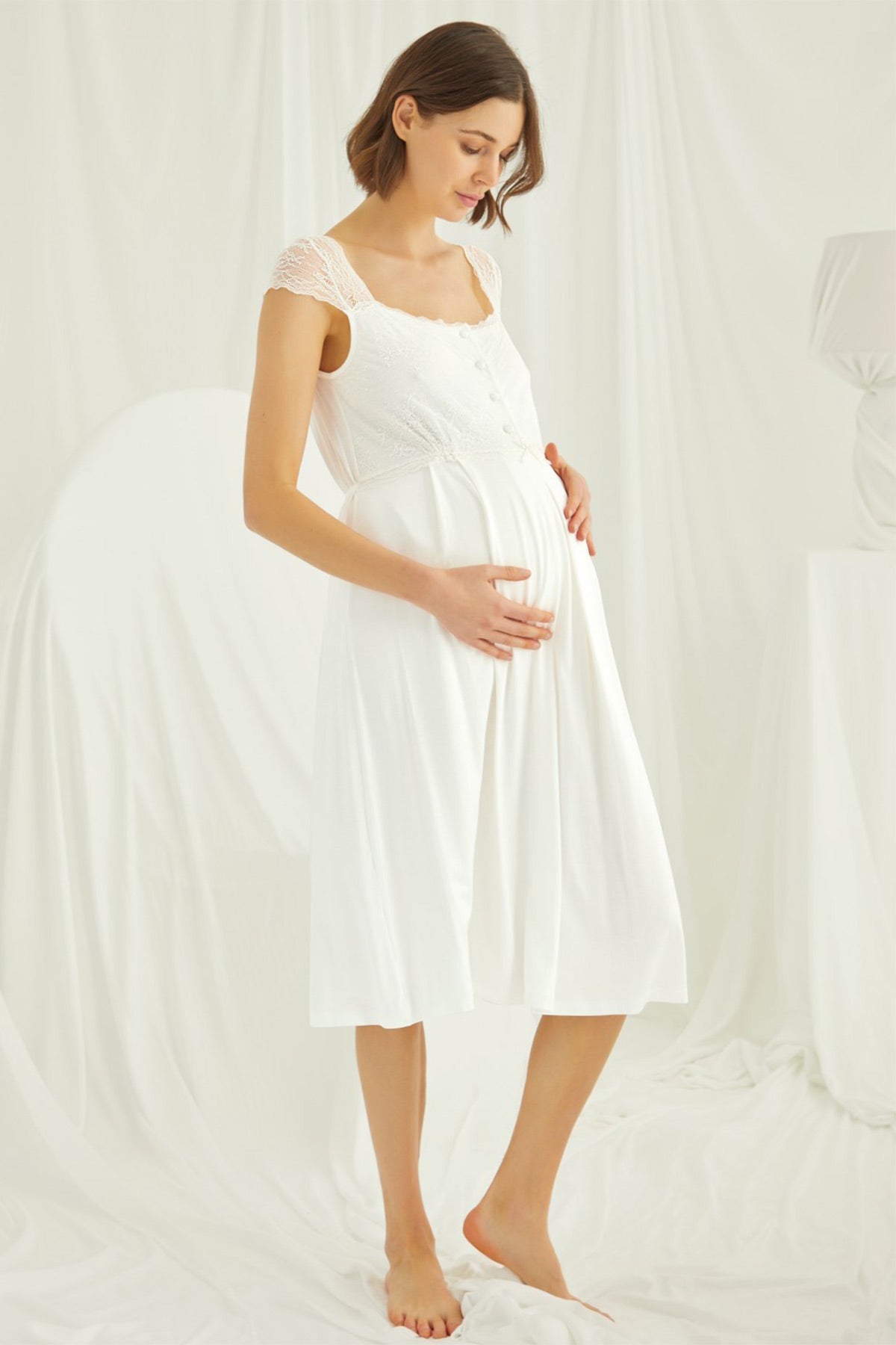 Lace Shoulder Maternity-Nursing Nightgown & Robe Set Ecru - 18202
