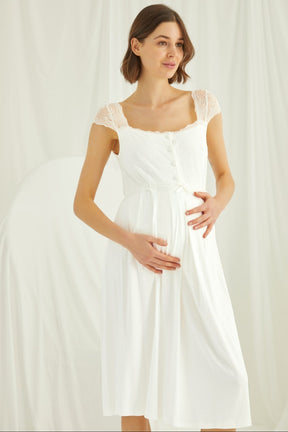 Lace Shoulder Maternity-Nursing Nightgown & Robe Set Ecru - 18202